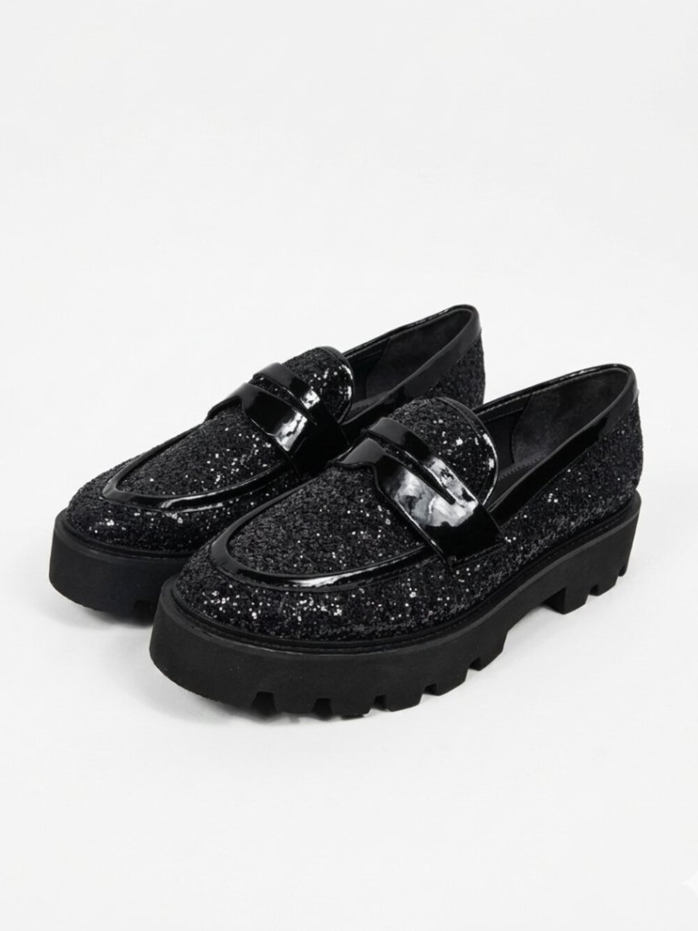 NWOT Franco Sarto Bazel Glitter Platform Loafers Lug Sole Penny Shoes Black 6.5